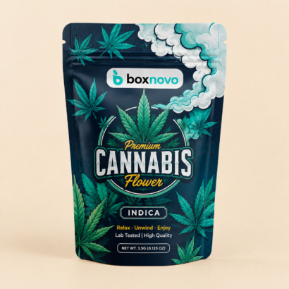 Custom Cannabis Mylar Bags by BoxNovo with printed branding and resealable pouch design