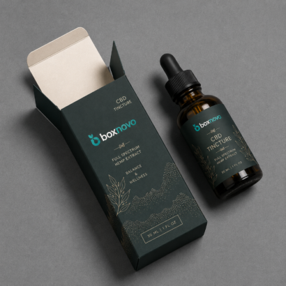 Custom CBD tincture box and dropper bottle with coordinated branded packaging