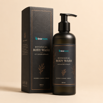 200ml pump bottle displayed beside a matching printed bottle box
