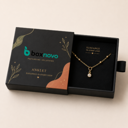 Custom Anklet Boxes by BoxNovo featuring elegant black jewelry packaging with gold anklet presentation