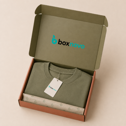 Custom Apparel Boxes by BoxNovo featuring branded clothing packaging with a folded apparel presentation