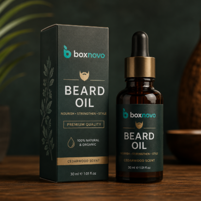 Custom Beard Oil Box with a 30 ml dropper bottle in matching branded packaging