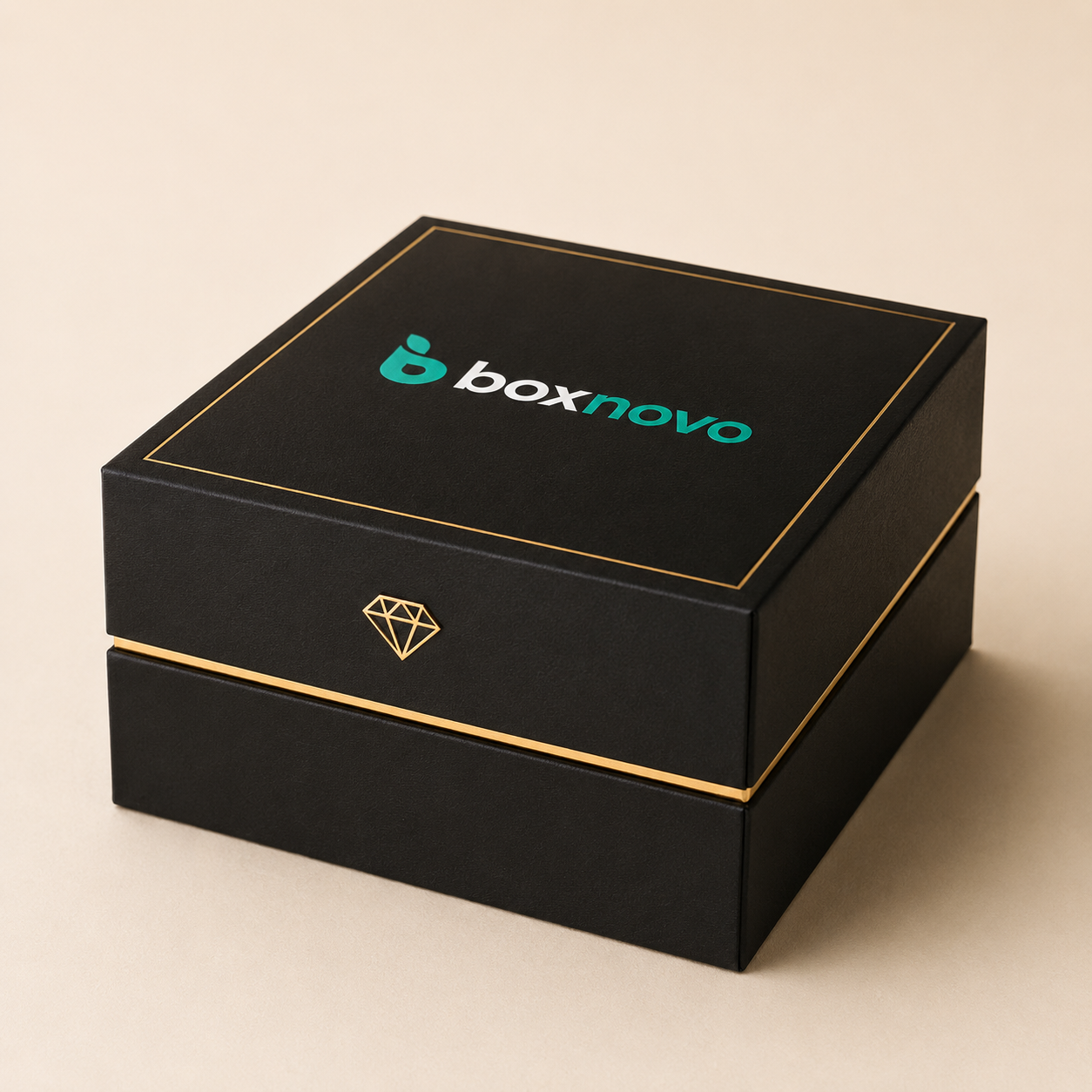 Custom Black Jewelry Boxes by BoxNovo with matte black finish and gold trim