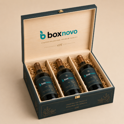 Custom Bottle Display Box presenting three branded bottles in separate compartments
