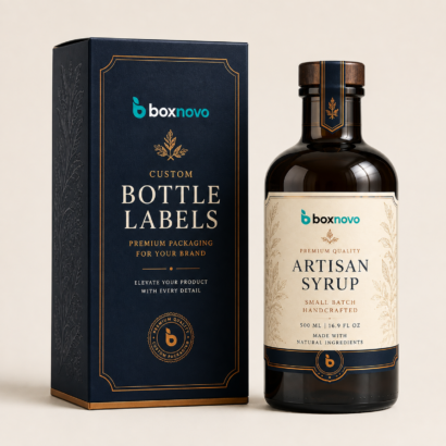 Custom bottle label displayed on a glass syrup bottle beside matching branded packaging