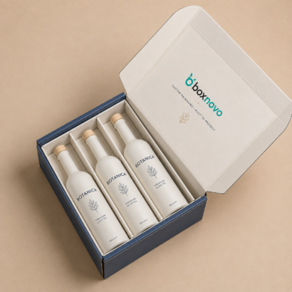 Custom bottle shipping box with individual compartments for three bottles