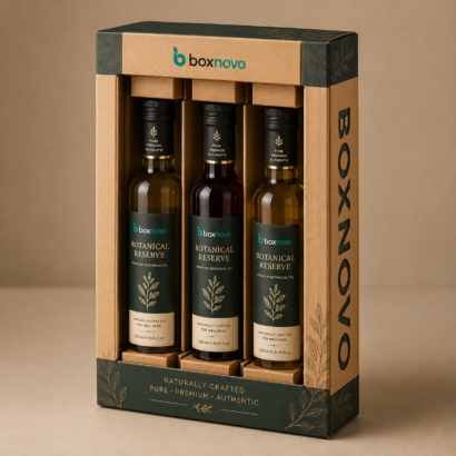 Custom bottle window box with three bottles and individual display compartments