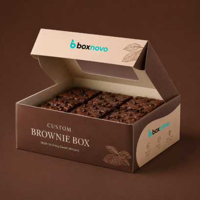 Open custom brownie box holding an assortment of chocolate brownies
