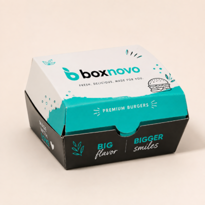 Custom Burger Boxes by BoxNovo with branded printed packaging for burgers