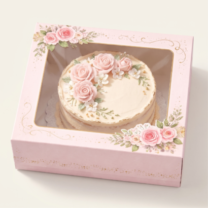 Decorated cake displayed inside a pink custom cake box with a clear viewing window