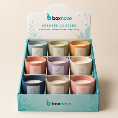 Custom Candle Display Boxes by BoxNovo for branded candle retail packaging