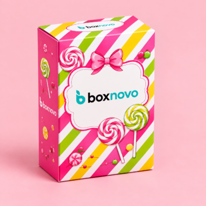 Custom candy box with colorful printed candy artwork and BoxNovo branding