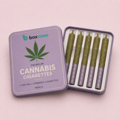 Custom cannabis cigarette box with flip-top design and five pre-rolls