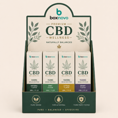 Custom CBD display box holding multiple CBD wellness oil packages