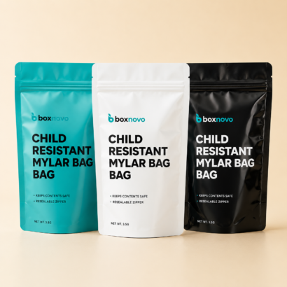 Custom Child Resistant Mylar Bags by BoxNovo with resealable pouch packaging
