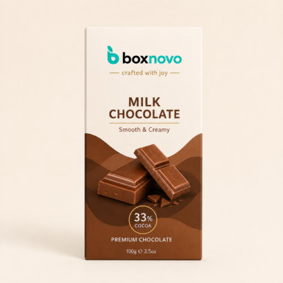 Custom Chocolate Packaging by BoxNovo featuring branded milk chocolate bar packaging