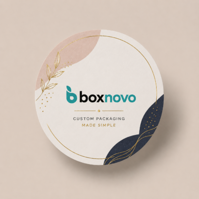 Custom circle label with BoxNovo branding and elegant printed design