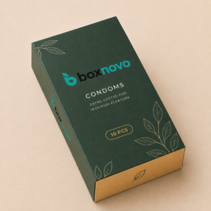 Custom Condom Boxes by BoxNovo with branded retail packaging and drawer-style design