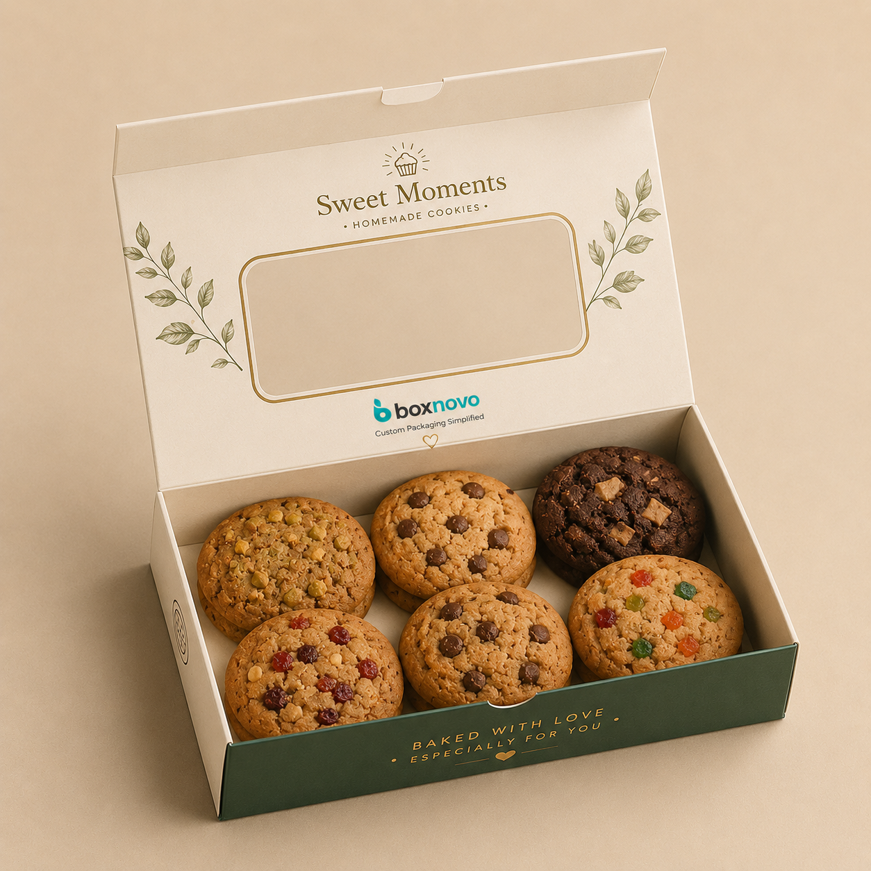 Assorted cookies presented in custom bakery packaging with a clear window