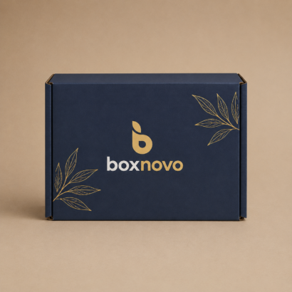 Custom corrugated box with navy branded exterior and gold botanical artwork
