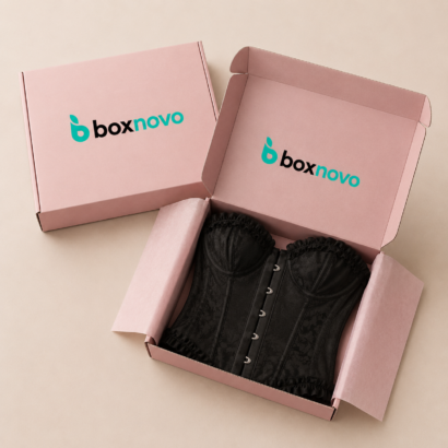 Custom Corset Boxes by BoxNovo with branded pink packaging and corset presentation