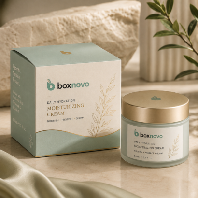 Custom cream box packaging with branded moisturizing cream jar