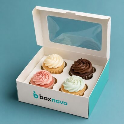 Custom Cupcake Box with a clear window displaying four decorated cupcakes