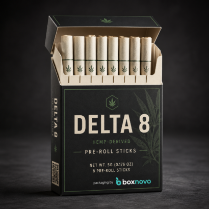 Custom Delta 8 packaging box with branded pre-roll stick presentation