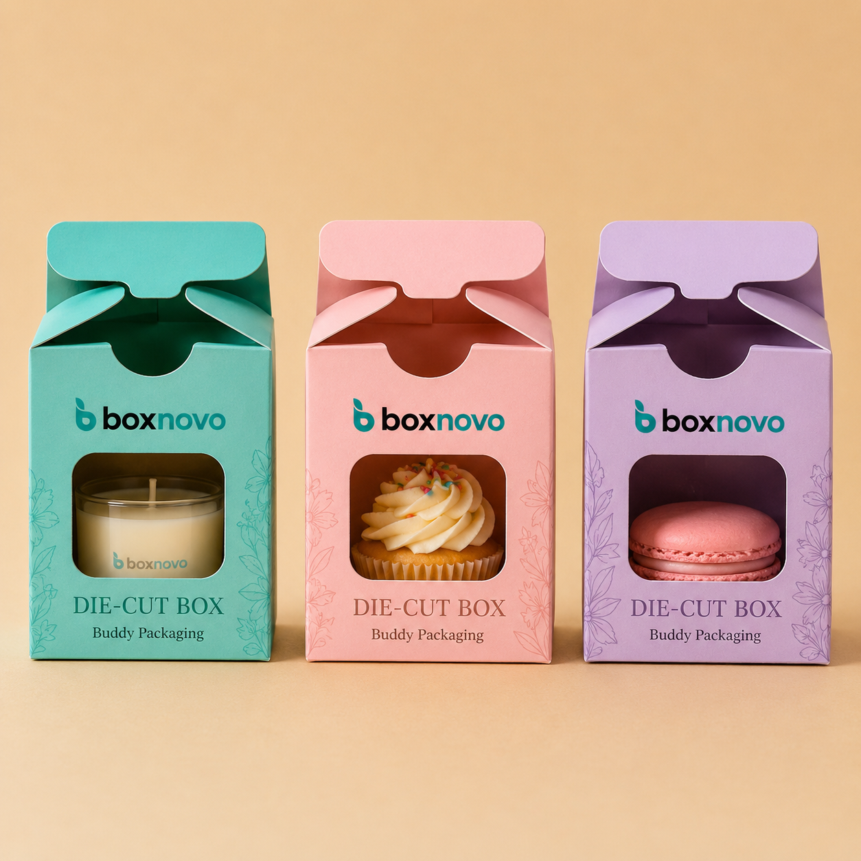 Custom die cut boxes with window openings and colorful printed designs