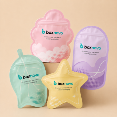 Custom Die-Cut Mylar Bags by BoxNovo in unique shaped designs with custom branding