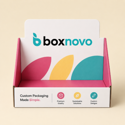 Custom display box with open-front countertop design and branded graphics
