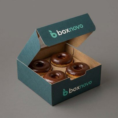Custom Donut Box displaying four glazed donuts with printed BoxNovo branding