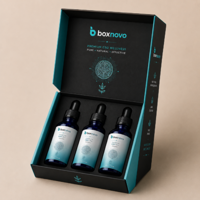 Custom dropper bottle boxes with branded CBD oil bottles and premium packaging