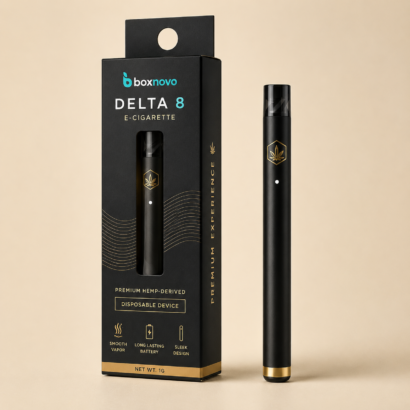 Black custom e-cigarette packaging box with a visible electronic cigarette device
