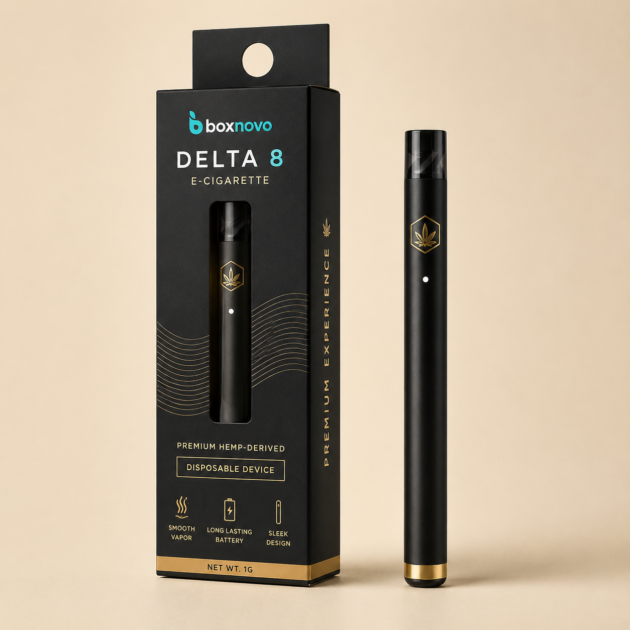 Black custom e-cigarette packaging box with a visible electronic cigarette device