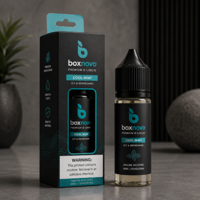 Custom black e-liquid box with matching e-liquid bottle displayed beside it
