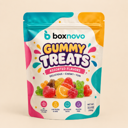 Custom Edibles Mylar Bags by BoxNovo with colorful printed gummy treat packaging