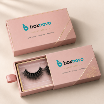Custom pink eyelash box with luxury lashes displayed in a clear insert