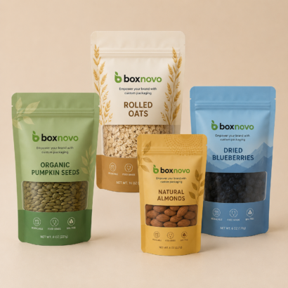 Custom Food Storage Mylar Bags by BoxNovo with resealable stand-up pouch designs