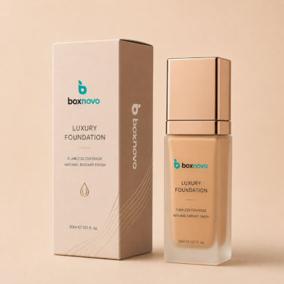 Custom Foundation Packaging Boxes with product information and branded foundation bottle