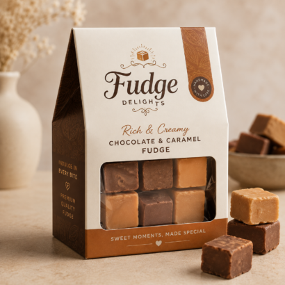 Custom Fudge Box with a clear window displaying chocolate and caramel fudge pieces
