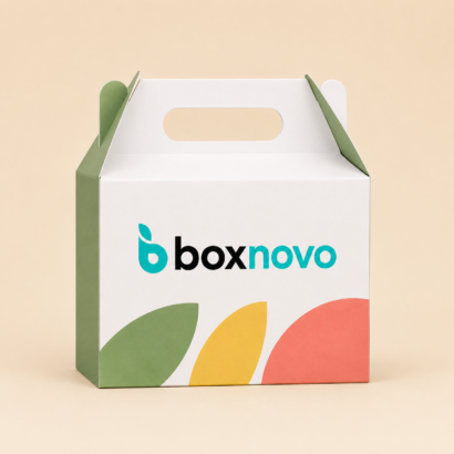 Custom gable box with integrated handle and branded printed design