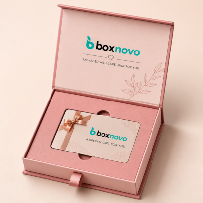 Custom Gift Card Boxes by BoxNovo with premium rigid packaging and ribbon pull