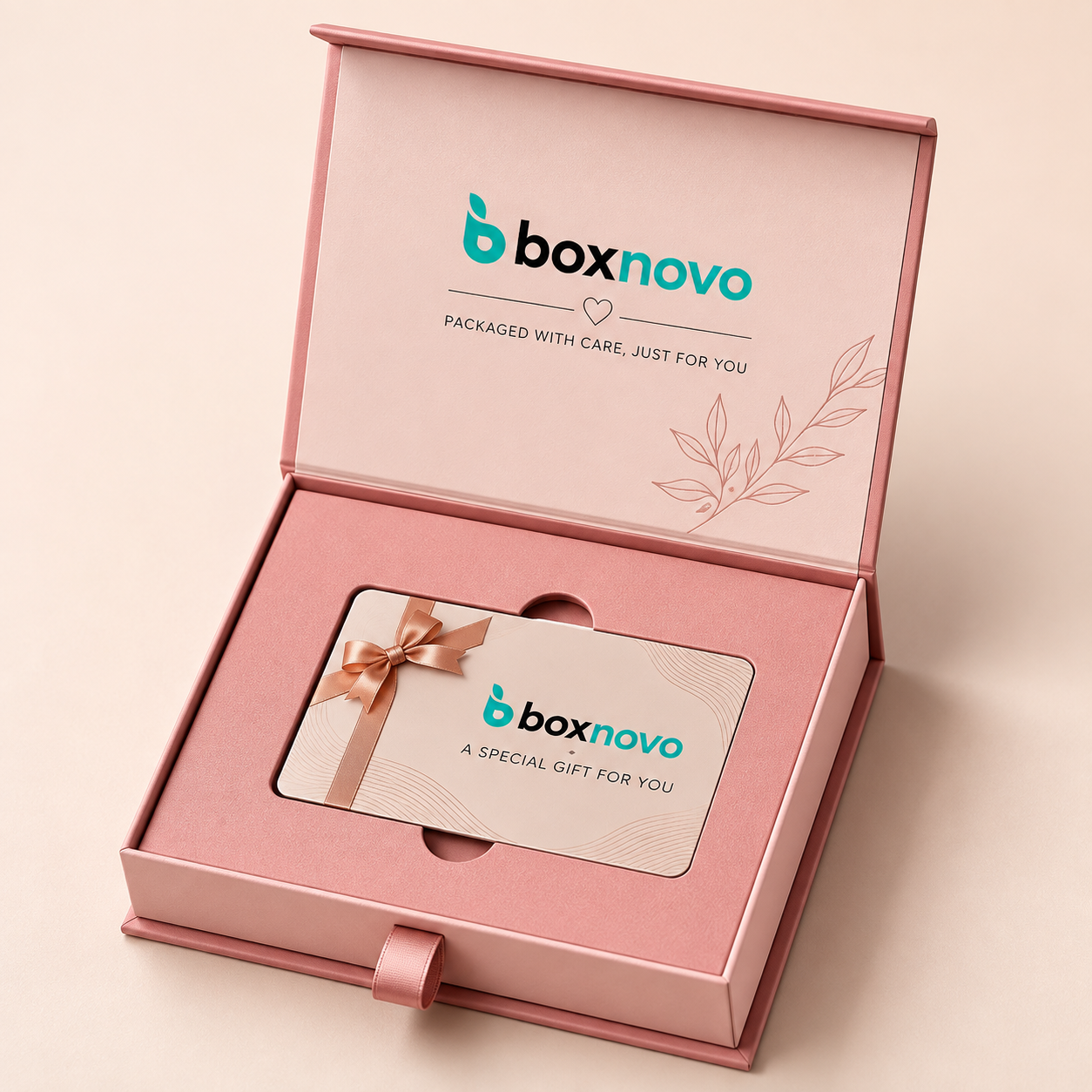 Custom Gift Card Boxes by BoxNovo with premium rigid packaging and ribbon pull