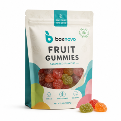 Custom fruit gummies packaging pouch with clear window and colorful gummy candies