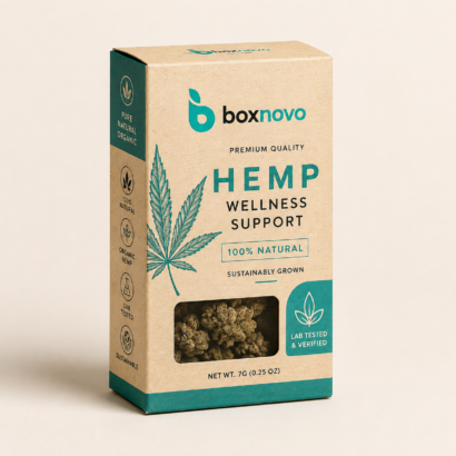 Custom hemp product box with teal branding and front display window