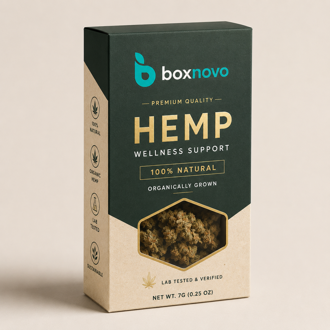Natural kraft custom hemp retail box with teal printed artwork