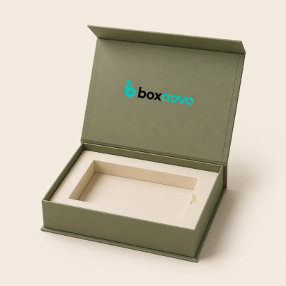 Custom Hinged Lid Boxes by BoxNovo with structured hinged lid and fitted interior insert