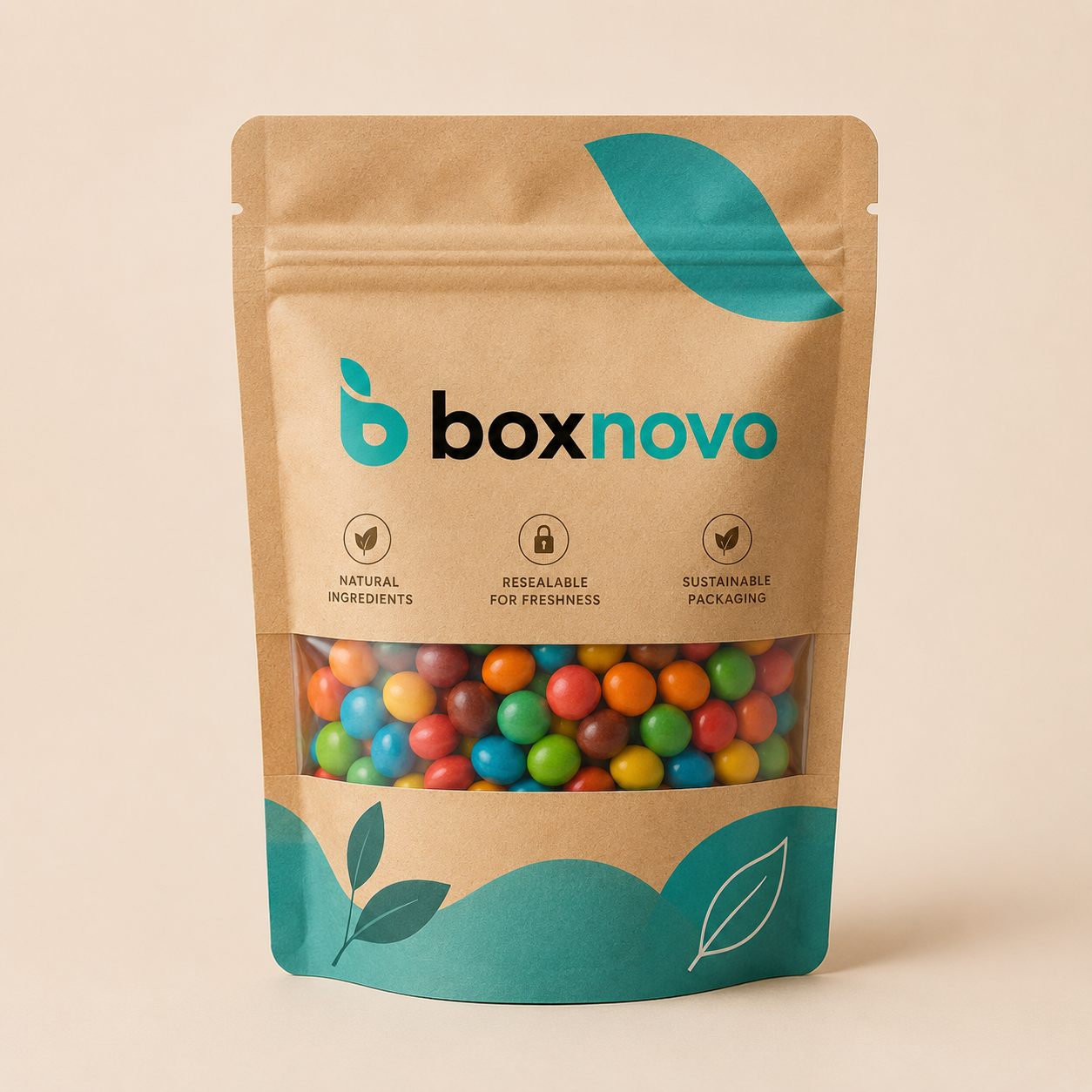Custom Kraft Mylar Bags by BoxNovo with resealable zipper and clear product window