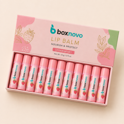 Custom Lip Balm Boxes by BoxNovo with branded pink lip balm packaging